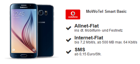 Bild zu MoWoTel (Vodafone Netz) mit Allnet-Flat + 500MB Datenflat inkl. Samsung S6 32GB (einmalig 4,95€) für 19,95€/Monat