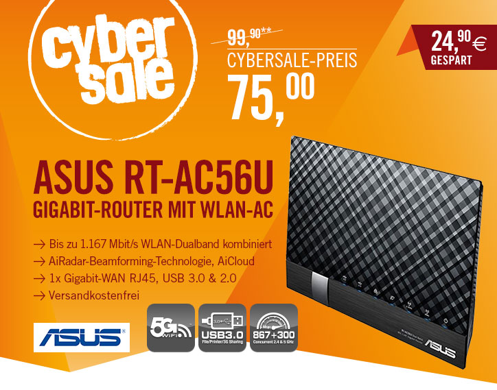 Bild zu Asus AC1200 RT-AC56U Diamond Dual-Band WLAN Router für 75€