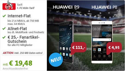 Bild zu Otelo im Vodafone Netz mit 750MB Datenflat, Sprachflat inkl. Huawei P8 (4,95€) oder P9 (111€) für 19,48€ im Monat