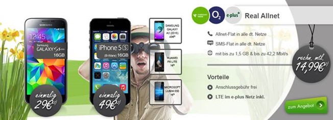 Bild zu [Top] o2 Tarif mit 1,5GB Datenflat, SMS Flat und Sprachflat inkl. Smartphone ab 1€ für 14,99€/Monat