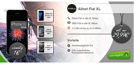 Bild zu Otelo XL (1,5GB Datenflat, SMS- und Sprachflat alle Netze) inkl. z.B. iPhone 5E (1€) für 29,99€/Monat