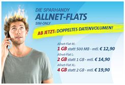 Bild zu Sparhandy Allnet-Flat M (Telekom Netz, Flat in alle Netze, 1GB Datenvolumen) für 12,90€/Monat oder alternativ mit 2GB Datenvolumen für 14,90€/Monat