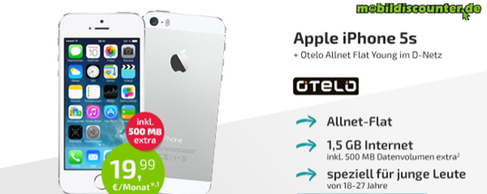 Bild zu iPhone 5S für einmalig 1€ im Otelo Tarif (Vodafone Netz) mit Sprachflat in alle Netze + bis zu 1,5GB Datenflat für 19,99€/Monat