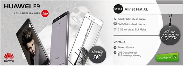 Bild zu Otelo Allnet Flat XL (Vodafone Netz) mit dem neuen Huawei P9 (einmalig 1€) für 29,99€ im Monat