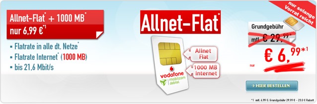 Bild zu Allnet Flat im Vodafone Netz mit einer 1GB Datenflat für 6,99€ im Monat