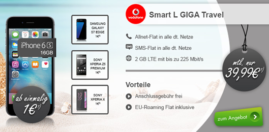 Bild zu Vodafone Smart L (2GB LTE Datenflat, SMS Flat, Sprachflat + EU Flat) inklusive z.B. iPhone 6S (einmalig 1€) für 39,99€ im Monat