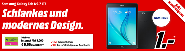 Bild zu [Super] Samsung Galaxy Tab A 9.7 LTE (Vergleich: 223,89€) für einmalig 1€ mit 3GB LTE Telekom Datenflat für 9,99€/Monat