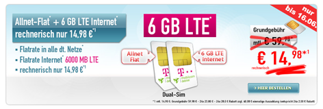 Bild zu Dual-SIM-Angebot: Telekom-Allnet-Flat mit 500MB + Telekom 6GB LTE-Internet-Flat für rechnerisch 13,98€/Monat