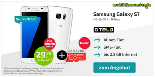 Bild zu OTELO im Vodafone Netz (2,5 GB Datenvolumen, Allnet-Flat, SMS-Flat) inkl. Samsung Galaxy S7 für 1€ für 29,99€/Monat