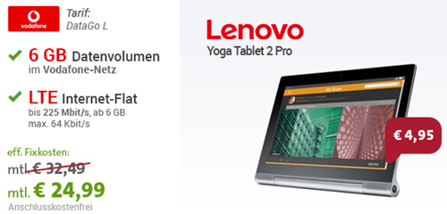 Bild zu Lenovo Yoga Tablet 2 Pro LTE (mit integriertem Projektor) für einmalig 4,95€ (Vergleich 499€) mit 6GB Vodafone LTE Datenflat für 24,99€ im Monat