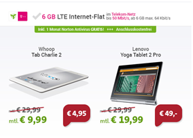 Bild zu 6 GB LTE Internetflat im Telekom-Netz inkl. Whoop Tab Charlie (einmalig 4,95€) für 9,99€/Monat oder mit Lenovo Yoga Tablet 2 Pro (einmalig 49€) für 19,99€/Monat