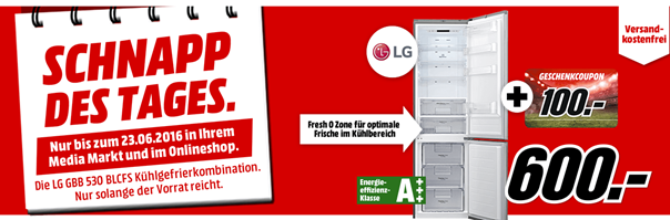 Bild zu LG GBB 530 BLCFS Kühl­ge­frier­kom­bi­na­ti­on (A+++, 166 kWh/ Jahr, Edel­stahl) inkl. 100€ Gutschein , EEK: A+++ für 600€