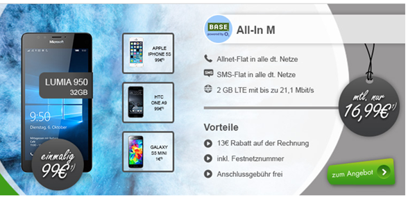 Bild zu Base im o2-Netz mit 2GB LTE Datenflat, SMS und Sprachflat inkl. z.B. Lumia 950 (einmalig 99€) für 16,99€ im Monat