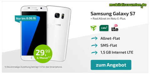 Bild zu ePlus Allnet Sprachflat im o2 Netz mit SMS Flat sowie 1,5GB LTE Datenflat inklusive Samsung S7 (einmalig 1€) für 29,99€/Monat