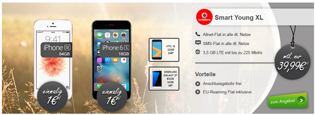 Bild zu [für junge Leute] Allnet Flat im Vodafone-Netz + SMS Flat und 3,5GB LTE Flat (225Mbit) inkl. EU Roaming Flat und z.B. iPhone 6S (1€) für 39,99€/Monat