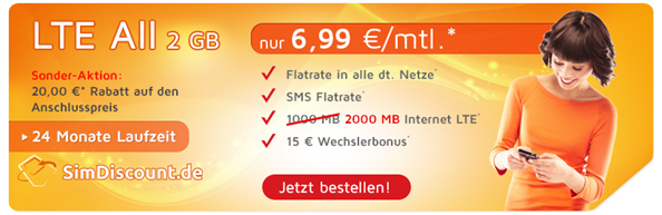 Bild zu Telefonie & SMS Flat + mindestens 2GB LTE Daten ab 6,99€ im Monat (monatlich kündbar ab 8,99€)