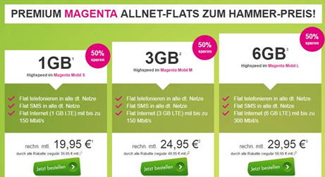 Bild zu Telekom Magenta Tarife zu 50% reduziert, so z.B. 6GB LTE Datenflat plus Sprach- und SMS Flat für 29,95€/Monat (anstatt 59,95€)
