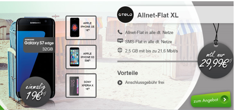 Bild zu Otelo XL im Vodafone Netz (2,5 GB Datenvolumen, Allnet-Flat, SMS-Flat) inkl. z.B. Samsung Galaxy S7 Edge (einmalig 19€) für 29,99€/Monat