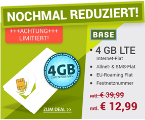 Bild zu Base Blue All in L (Allnet-Flat, 4GB LTE Datenvolumen, SMS Flat, EU Roaming Flat) für 12,99€/Monat
