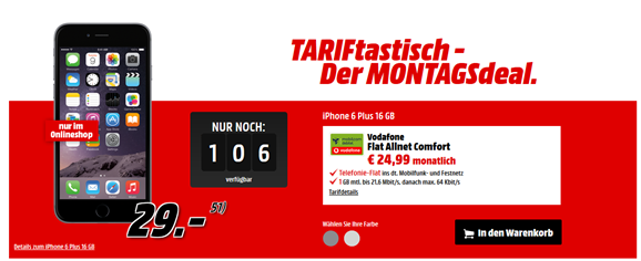 Bild zu iPhone 6 Plus für einmalig 29€ mit Vodafone Tarif (1GB Datenflat + Sprachflat) für 24,99€ im Monat