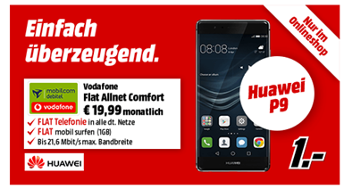 Bild zu Huawei P9 für einmalig 1€ (Vergleich: 488,90€) im Vodafone Allnet Tarif + 1GB Datenflat (bis zu 21,6 Mbit) für 19,99€ im Monat