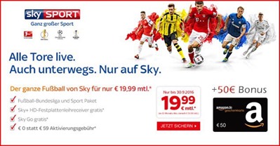 Bild zu [Bonus Deal] Sky Starter + z.B. Bundesliga und Sport Paket + gratis HD Festplattenreceiver + gratis SkyGo  + 50€ Amazon.de-Gutschein* + 0€ Aktivierungsgebühr (statt 59€) für 19,99€/Monat