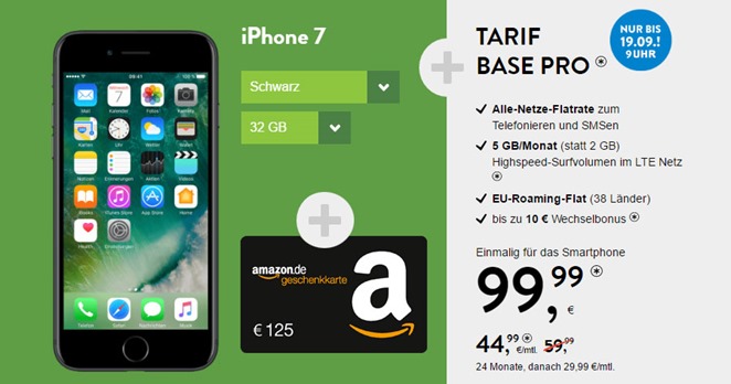 Bild zu iPhone 7 für einmalig 99,99€ mit Base Tarif (o2 Netz) für 44,99€ mit 5GB LTE Datenflat + EU Flat + Allnet Flat alle Netze +125€ Amazon Gutschein