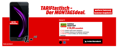 Bild zu Vodafone Smart Surf (50 Freiminuten, 50 Frei-SMS, 1GB Datenvolumen) + Honor 8 (einmalig 1€ Zuzahlung) für 14,99€/Monat