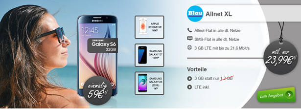 Bild zu Blau.de Allnet Flat (Sprache, SMS und 3GB LTE Daten) inklusive Smartphone ab 1€ für 23,99€/Monat