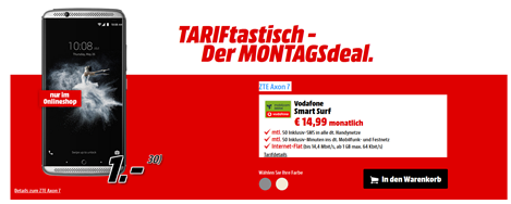 Bild zu Vodafone Smart Surf (1GB Datenvolumen, 50 Freiminuten, 50 Frei-SMS) inkl. ZTE Axon 7 (einmalig 1€) für 14,99€/Monat