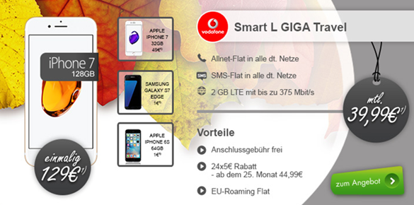 Bild zu iPhone 7 128 GB (einmalig 129€) mit Vodafone Allnet Flat, SMS Flat, 2GB LTE Datenflat + EU Flat für 39,99€/Monat