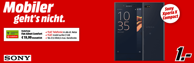 Bild zu Vodafone Netz (Flat in alle Netze, 1GB Datenvolumen) inkl. Sony Xperia X Compact (einmalig 1€) für 19,99€/Monat