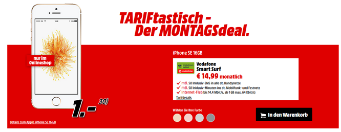 Bild zu Vodafone Smart Surf (1GB Datenvolumen, 50 Freiminuten, 50 Frei-SMS) inkl. iPhone SE (einmalig 40,99€) für 14,99€/Monat