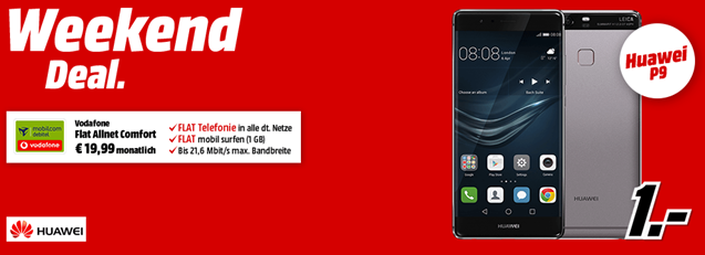 Bild zu Huawei P9 + Anschlussgebühr (= 40,99€) mit Vodafone Tarif (1GB Datenflat + Sprachflat) für 19,99€ im Monat