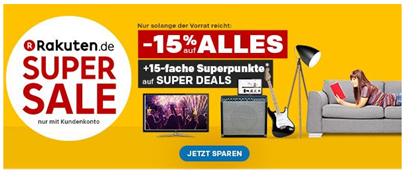 Bild zu Rakuten: 15% Rabatt auf alles (ab 50€ MBW) + 15-fache Superpunkte auf Super Deals
