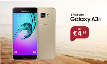 Bild zu Smart Surf Tarif im o2 Netz (1GB LTE Datenvolumen, 50 Freiminuten, 50 Frei-SMS) inkl. Samsung Galaxy A3 (einmalig 4,95€) für 9,99€/Monat