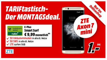 Bild zu ePlus/o2 Smart Surf mit 1GB LTE Datenflat, 50 Freiminuten + 50 Frei SMS inklusive ZTE Axon 7 Mini (einmalig 40,99€) für 9,99€/Monat