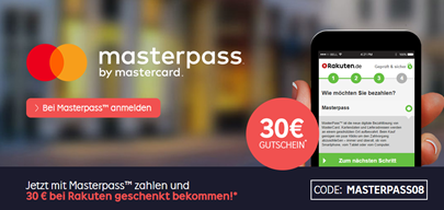 Bild zu [beendet] Rakuten: 30€ Rabatt bei Bezahlung mit Masterpass (ab 80€ MBW) oder 8% Rabatt ohne Masterpass (ab 40€ MBW)