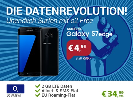 Bild zu Samsung S7 Edge für einmalig 4,95€ im o2 Free mit 2GB LTE Flat (danach 1Mbit), Sprach- und SMS Flat sowie EU Flat ab 29,99€/Monat