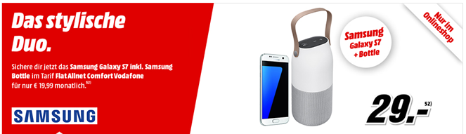 Bild zu Samsung Galaxy S7 + Samsung Bottle für 68,99€ mit Vodafone Tarif (1GB Datenflat + Sprachflat) für 19,99€ im Monat und optional für 99€ Samsung Gear 360 Kamera + VR Brille