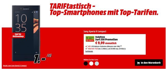 Bild zu Dank Einsteigertarif Sony Xperia X Compact für 280,75€ (Vergleich: 349,99€)