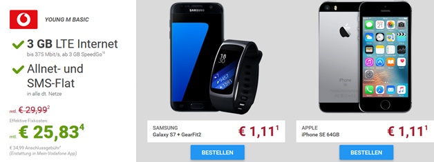Bild zu [Knaller für junge Leute] Vodafone Young M (Allnet-Flat, SMS Flat, 3GB LTE Datenflat, EU-Flat) inkl. Samsung S7 + Gear Fit 2 (einmalig 1,11€) für 25,83€/Monat