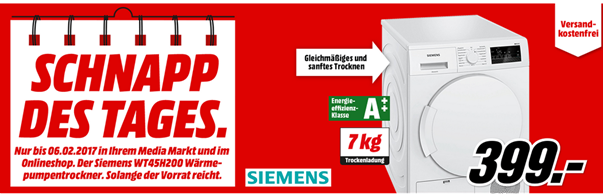 Bild zu Wär­me­pum­pen­trock­ner Siemens WT45H200 (7 kg, A++) für 399€