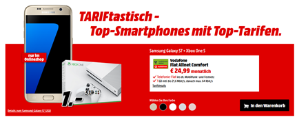 Bild zu Vodafone Flat Allnet Comfort (Allnet-Flat, 1GB Datenvolumen) inkl. Samsung Galaxy S7 + Xbox One S 500GB (einmalig 40,99€) für 24,99€/Monat