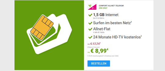 Bild zu Mobilcom-Debitel Telekom Comfort Allnet (1,5GB Daten + Allnet Flat) + 24 Monate HD TV (DVB-T2) für 8.99€/Monat
