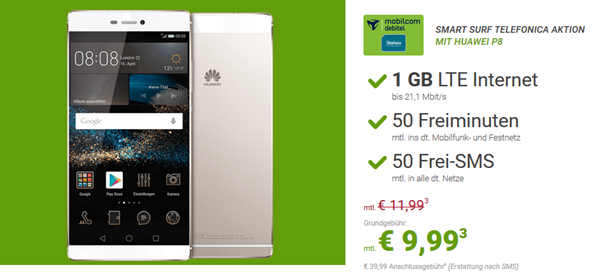 Bild zu [Super] o2 Smart Surf mit einer 1GB LTE Datenflat, 50 Freiminuten + 50 Frei SMS inkl. Huawei P8 (einmalig 1€) für 9,99€ im Monat