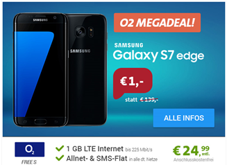 Bild zu o2 Free S mit einer 1GB LTE Datenflat + SMS Flat, Sprach-Flat + EU Flat inkl. Samsung S7 Edge (einmalig 1€) ab 19,99€/Monat