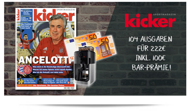 Bild zu 104 Ausgaben der Zeitschrift Kicker (Jahresabo) für 222€ + 100€ Verrechnungscheck als Prämie
