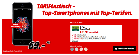 Bild zu iPhone SE 16GB für einmalig 69€ im ePlus Tarif (o2 Netz) mit 1GB Datenflat, 50 Freiminuten und 50 Frei SMS für 11,99€/Monat