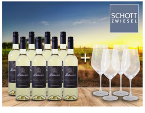 Bild zu 8er-Paket Niedermann – Müller-Thurgau lieblich Weißwein + 4 Schott Zwiesel Gläser für 44,94€